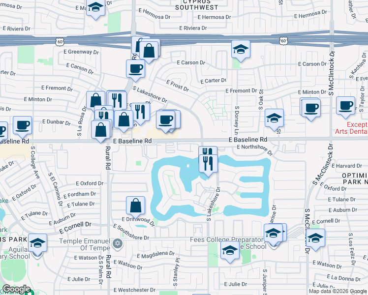 map of restaurants, bars, coffee shops, grocery stores, and more near 5200 South Lakeshore Drive in Tempe