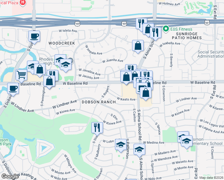 map of restaurants, bars, coffee shops, grocery stores, and more near 132 South Dobson Bay Club in Mesa