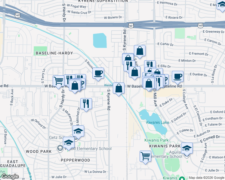 map of restaurants, bars, coffee shops, grocery stores, and more near 425 West Baseline Road in Tempe