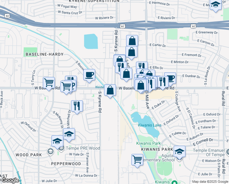 map of restaurants, bars, coffee shops, grocery stores, and more near in Tempe