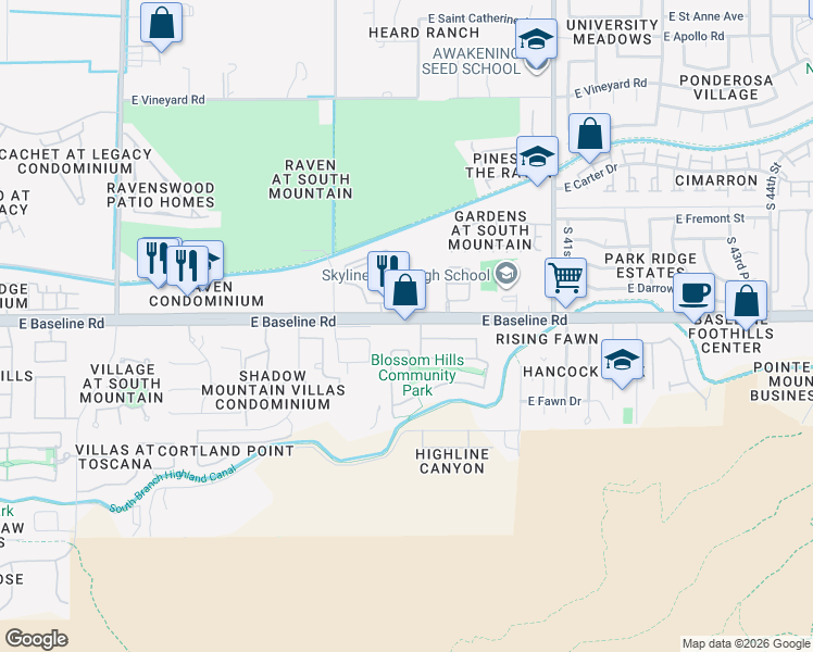 map of restaurants, bars, coffee shops, grocery stores, and more near 3801 East Valencia Drive in Phoenix