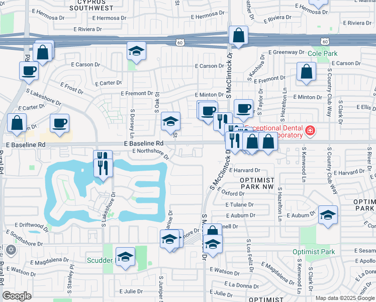 map of restaurants, bars, coffee shops, grocery stores, and more near 1525 East Baseline Road in Tempe