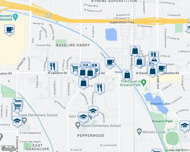 map of restaurants, bars, coffee shops, grocery stores, and more near 705 West Baseline Road in Tempe