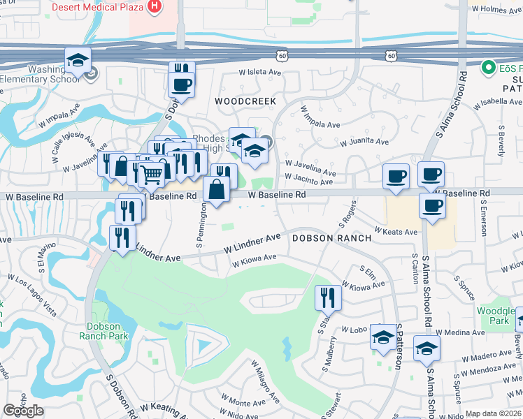 map of restaurants, bars, coffee shops, grocery stores, and more near 12 North Waterworks in Mesa