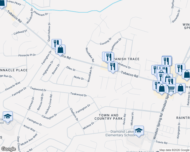 map of restaurants, bars, coffee shops, grocery stores, and more near 3806 Woodlake Drive in Hephzibah