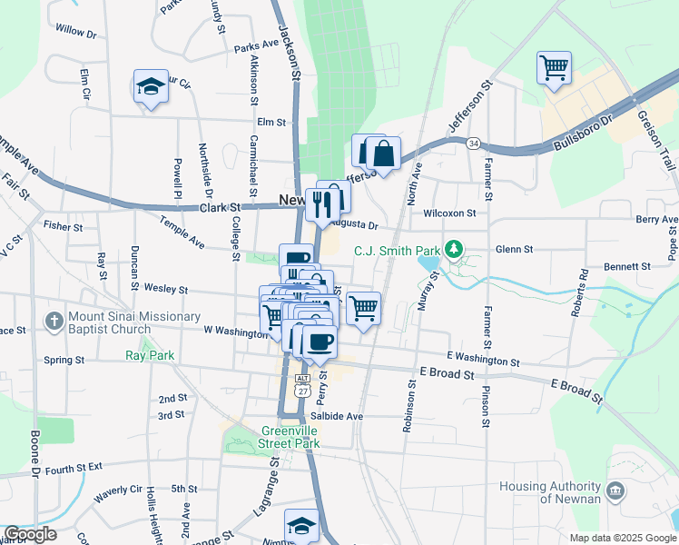map of restaurants, bars, coffee shops, grocery stores, and more near 7 Cochran Drive in Newnan
