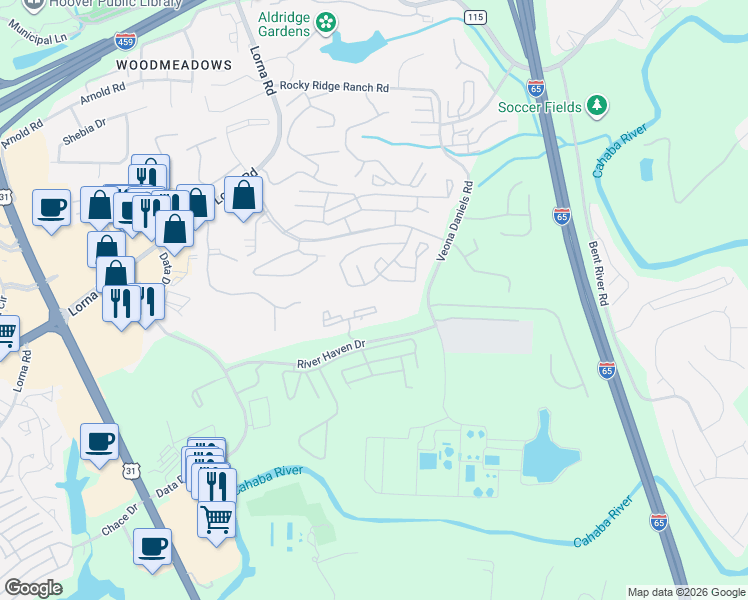 map of restaurants, bars, coffee shops, grocery stores, and more near 1208 Riverhaven Place in Hoover