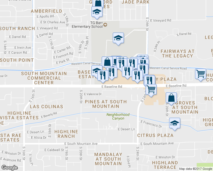 map of restaurants, bars, coffee shops, grocery stores, and more near 2168 East Baseline Road in Phoenix
