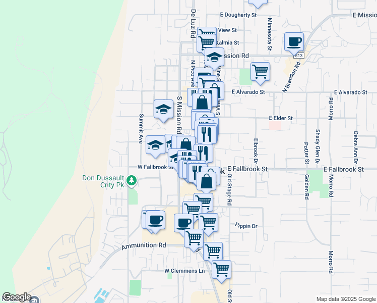 map of restaurants, bars, coffee shops, grocery stores, and more near 215 W Ash St in Fallbrook