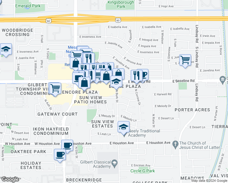 map of restaurants, bars, coffee shops, grocery stores, and more near 1540 North Burk Street in Gilbert
