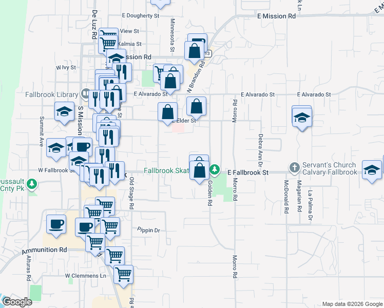 map of restaurants, bars, coffee shops, grocery stores, and more near 508 Village View Place in Fallbrook