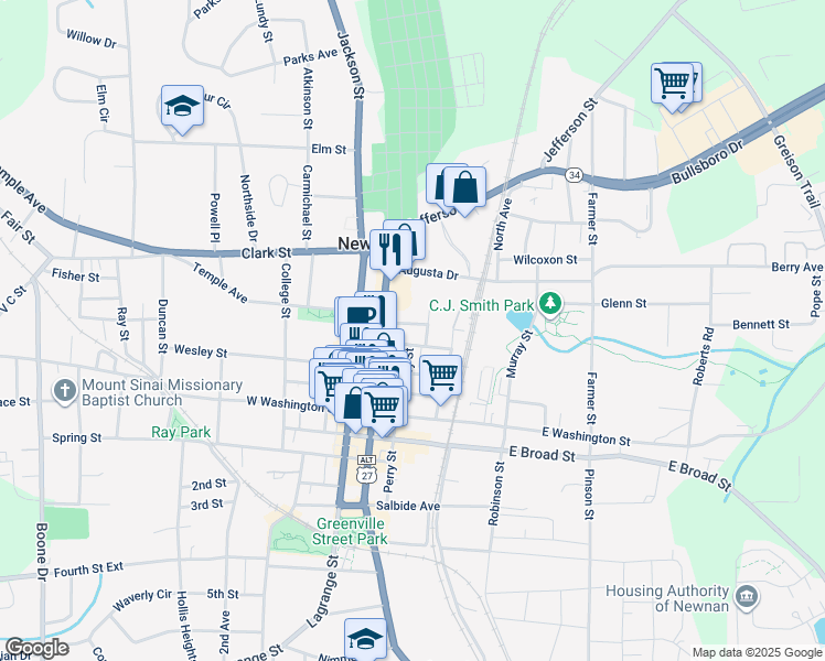 map of restaurants, bars, coffee shops, grocery stores, and more near 7 Cochran Drive in Newnan