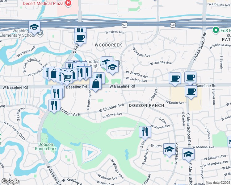 map of restaurants, bars, coffee shops, grocery stores, and more near 12 North Waterworks in Mesa