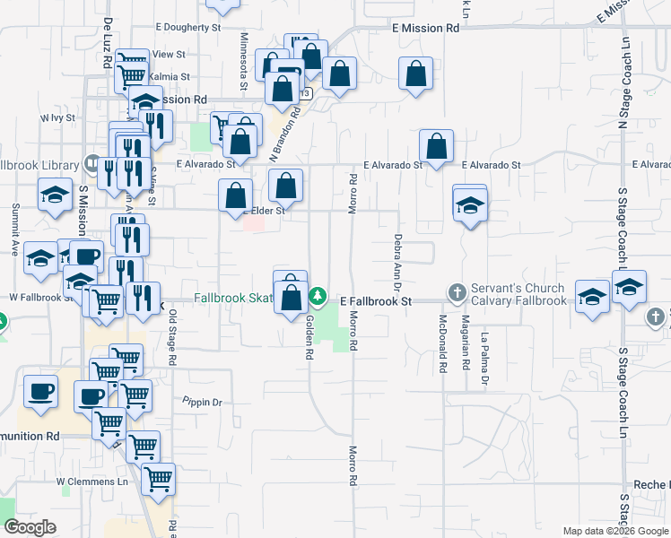 map of restaurants, bars, coffee shops, grocery stores, and more near 532 Shady Glen Drive in Fallbrook