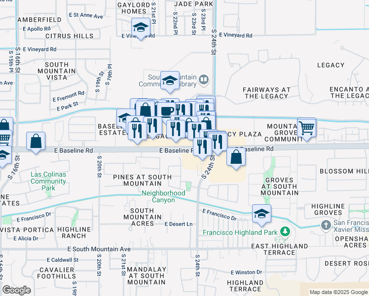 map of restaurants, bars, coffee shops, grocery stores, and more near 2250 East Baseline Road in Phoenix