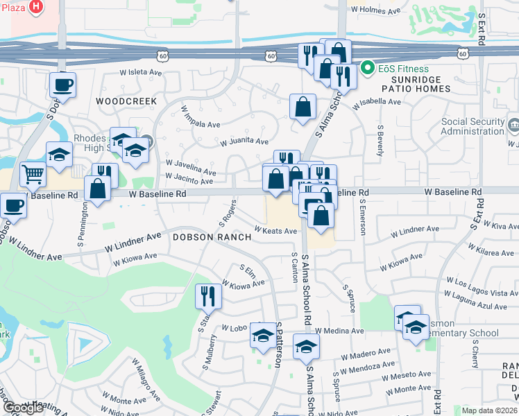 map of restaurants, bars, coffee shops, grocery stores, and more near 1331 West Baseline Road in Mesa