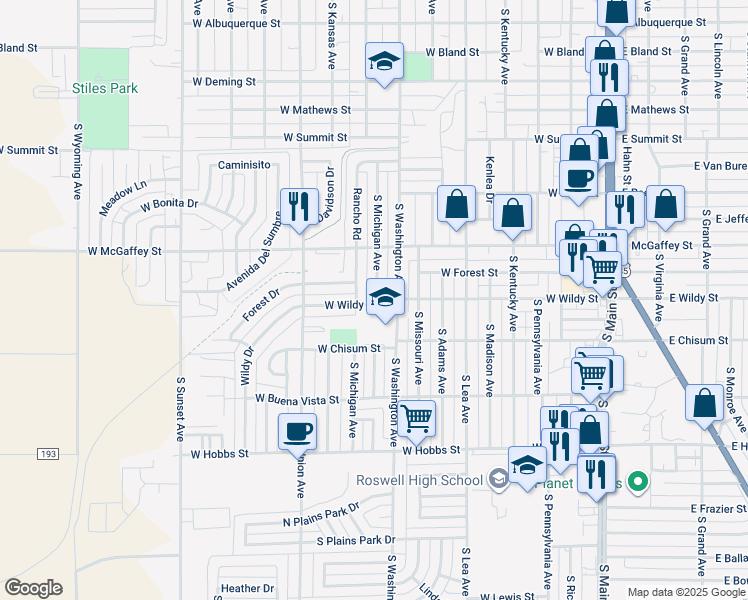 map of restaurants, bars, coffee shops, grocery stores, and more near 1304 South Michigan Avenue in Roswell