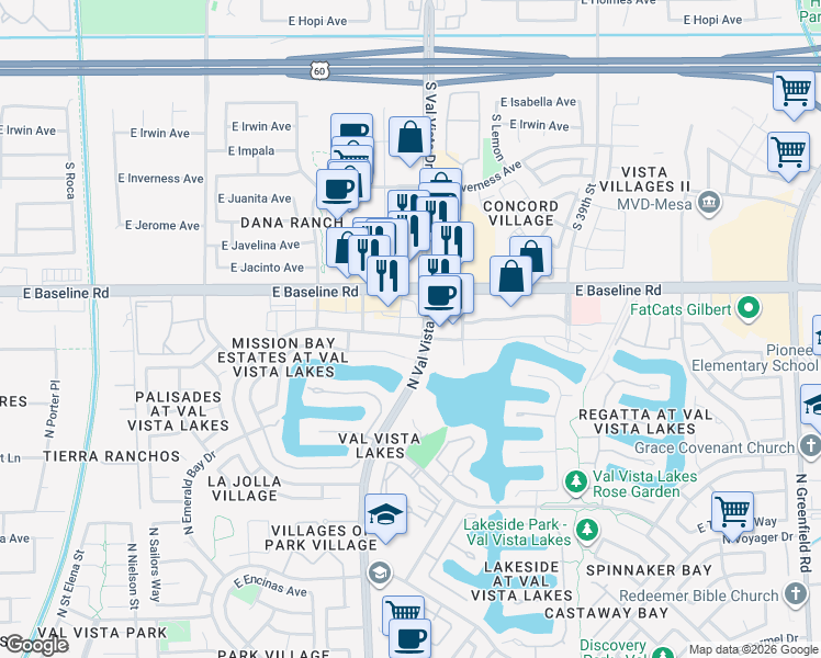 map of restaurants, bars, coffee shops, grocery stores, and more near 1536 North Val Vista Drive in Gilbert