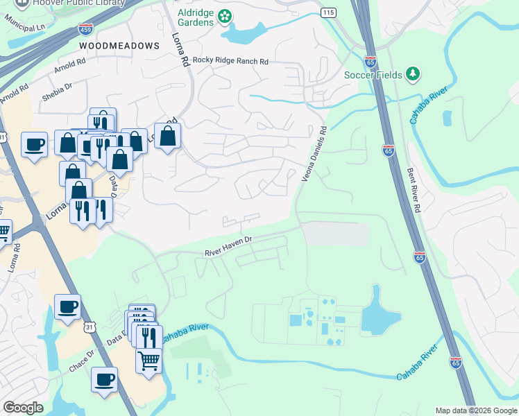 map of restaurants, bars, coffee shops, grocery stores, and more near 1208 Riverhaven Place in Hoover