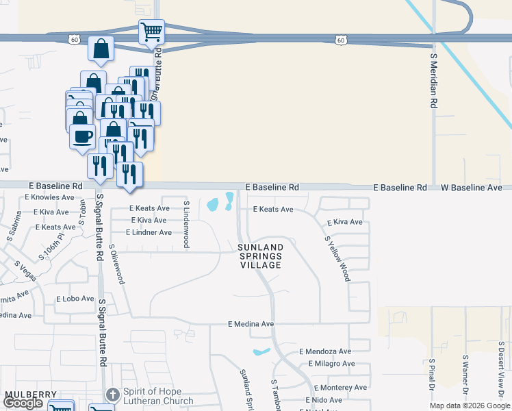 map of restaurants, bars, coffee shops, grocery stores, and more near 11360 East Keats Avenue in Mesa
