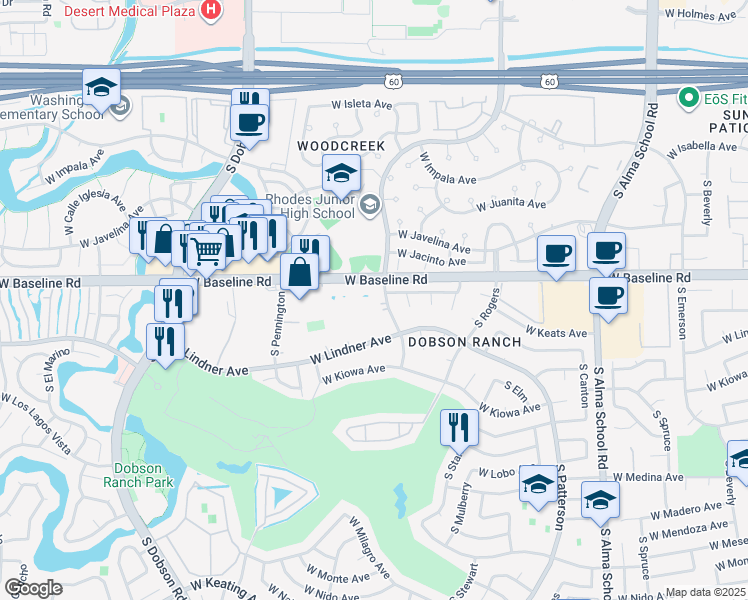 map of restaurants, bars, coffee shops, grocery stores, and more near 1645 West Baseline Road in Mesa