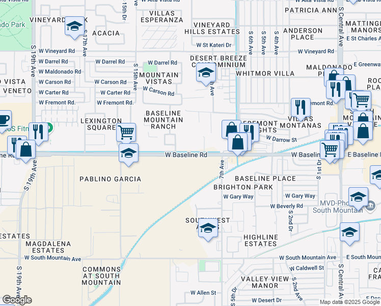 map of restaurants, bars, coffee shops, grocery stores, and more near 1110 West Baseline Road in Phoenix