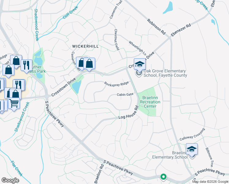 map of restaurants, bars, coffee shops, grocery stores, and more near 109 Cabin Gate in Peachtree City