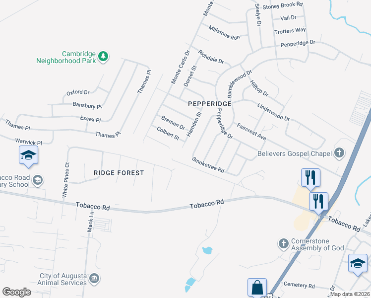 map of restaurants, bars, coffee shops, grocery stores, and more near 3351 Hamden Street in Augusta