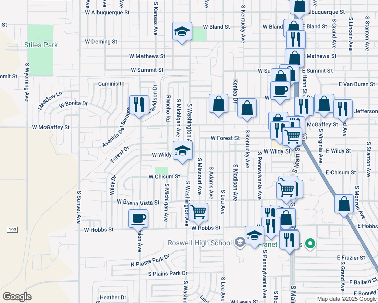 map of restaurants, bars, coffee shops, grocery stores, and more near 1400 South Washington Avenue in Roswell