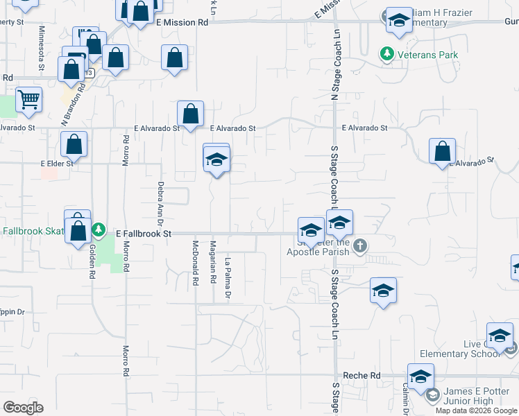 map of restaurants, bars, coffee shops, grocery stores, and more near 1256 East Fallbrook Street in Fallbrook