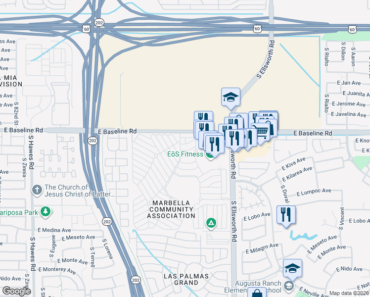 map of restaurants, bars, coffee shops, grocery stores, and more near Monte Vista Drive in Mesa