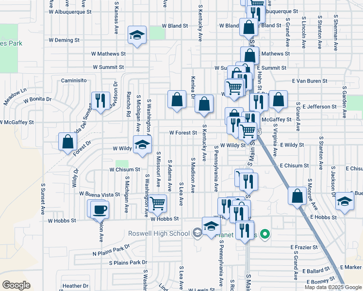 map of restaurants, bars, coffee shops, grocery stores, and more near 1398 South Lea Avenue in Roswell