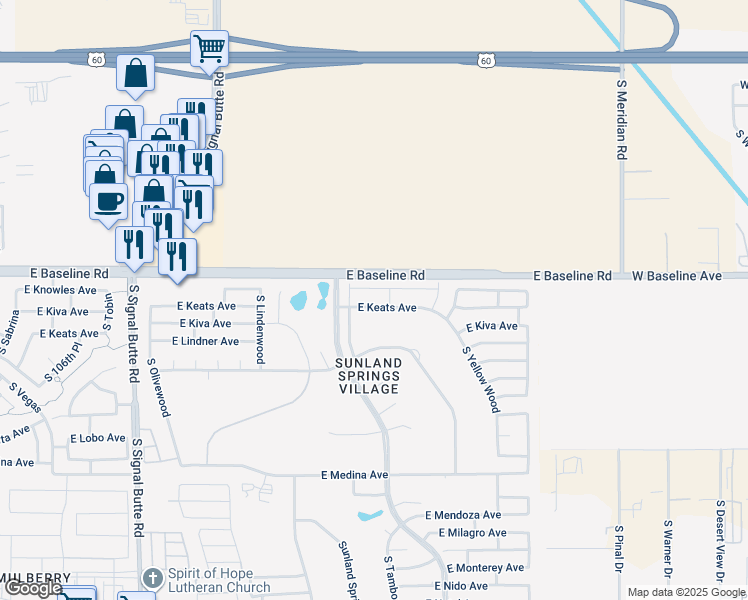 map of restaurants, bars, coffee shops, grocery stores, and more near 78 East Keats Avenue in Mesa
