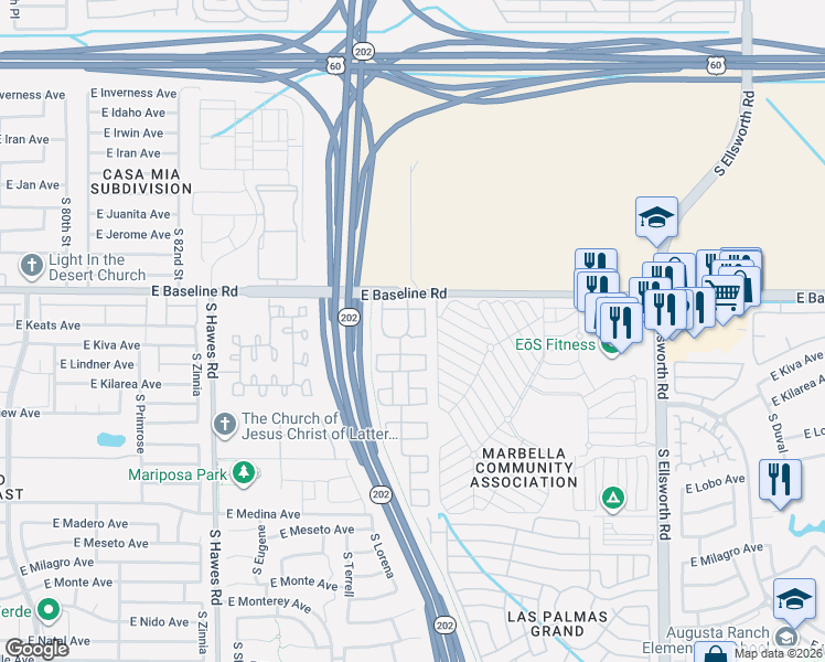 map of restaurants, bars, coffee shops, grocery stores, and more near 8724 East Kiva Avenue in Mesa