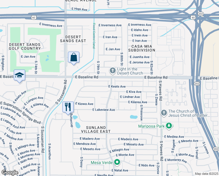 map of restaurants, bars, coffee shops, grocery stores, and more near 2064 South Farnsworth Drive in Mesa