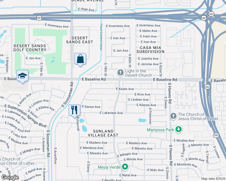 map of restaurants, bars, coffee shops, grocery stores, and more near 2064 South Farnsworth Drive in Mesa
