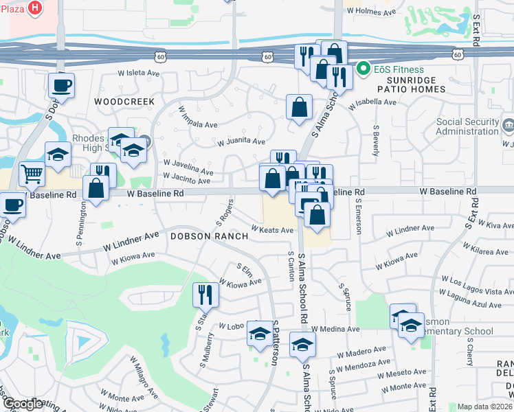 map of restaurants, bars, coffee shops, grocery stores, and more near 1331 West Baseline Road in Mesa