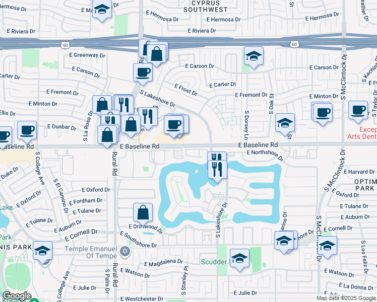 map of restaurants, bars, coffee shops, grocery stores, and more near 5200 South Lakeshore Drive in Tempe