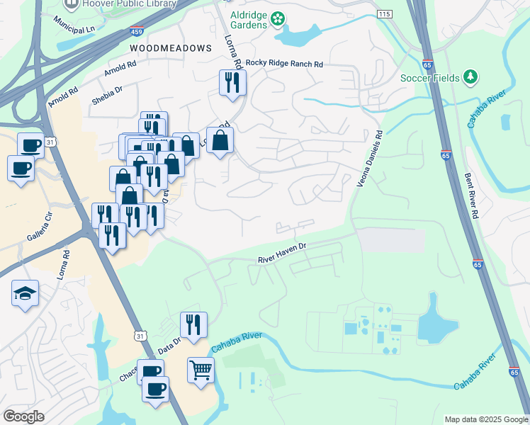 map of restaurants, bars, coffee shops, grocery stores, and more near 1661 Hampton Park Drive in Hoover