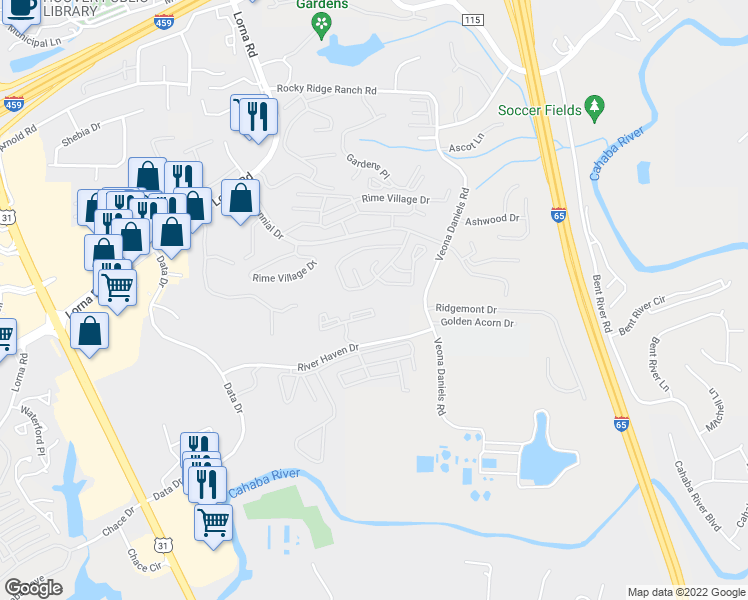 map of restaurants, bars, coffee shops, grocery stores, and more near 1208 Riverhaven Place in Hoover