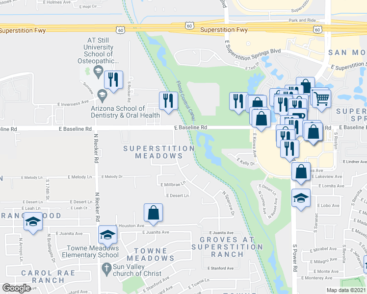 map of restaurants, bars, coffee shops, grocery stores, and more near 4368 East Harwell Court in Gilbert