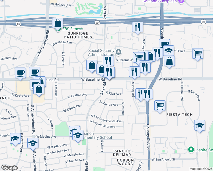 map of restaurants, bars, coffee shops, grocery stores, and more near 2024 South Extension Road in Mesa