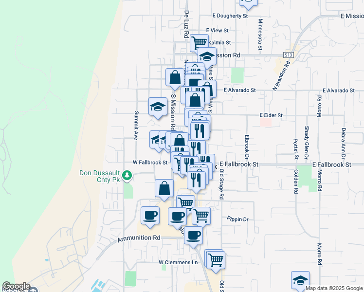 map of restaurants, bars, coffee shops, grocery stores, and more near 215 West Ash Street in Fallbrook