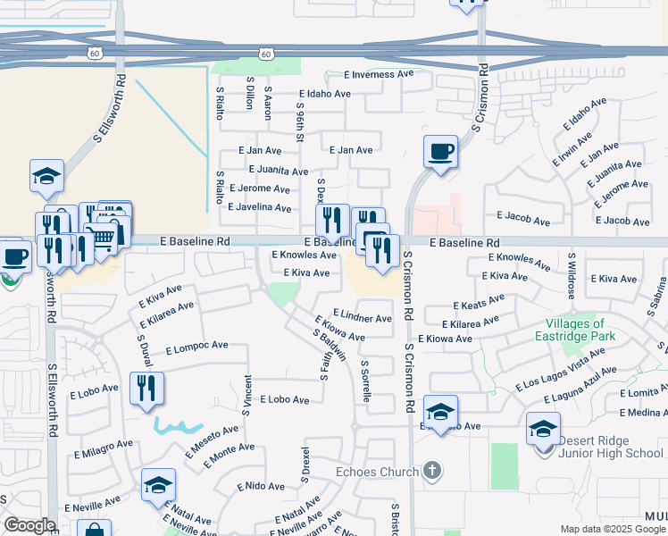 map of restaurants, bars, coffee shops, grocery stores, and more near 9826 East Kiva Avenue in Mesa