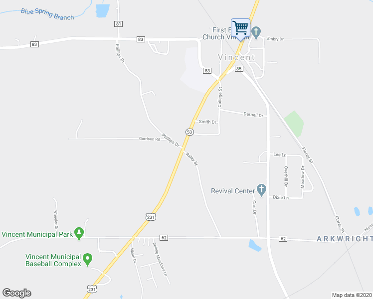 map of restaurants, bars, coffee shops, grocery stores, and more near 42160 Alabama 25 in Vincent