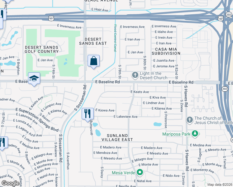 map of restaurants, bars, coffee shops, grocery stores, and more near 20 East Keats Avenue in Mesa