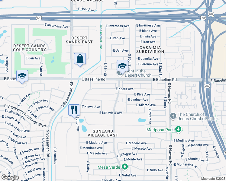 map of restaurants, bars, coffee shops, grocery stores, and more near 2064 South Farnsworth Drive in Mesa