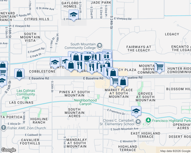 map of restaurants, bars, coffee shops, grocery stores, and more near 2180 East Baseline Road in Phoenix