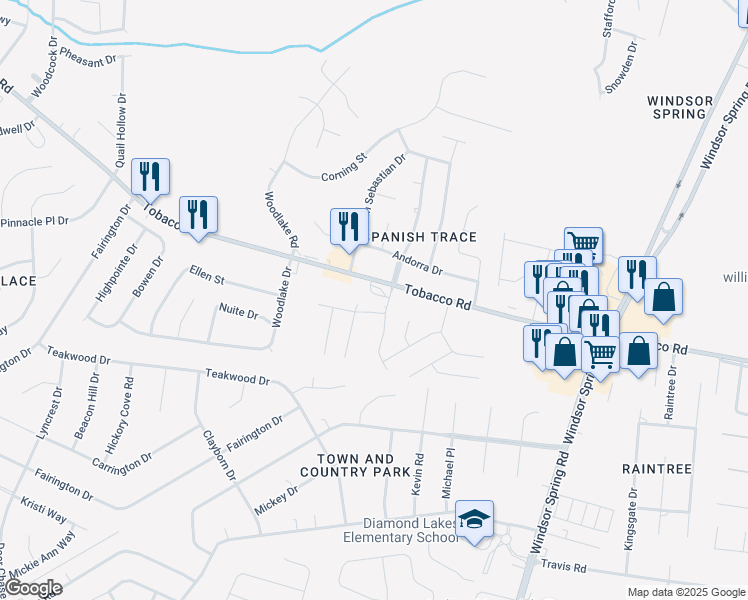 map of restaurants, bars, coffee shops, grocery stores, and more near 2574 Tobacco Road in Hephzibah