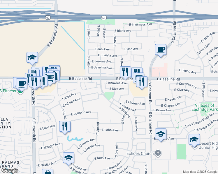 map of restaurants, bars, coffee shops, grocery stores, and more near 9720 East Kiva Avenue in Mesa